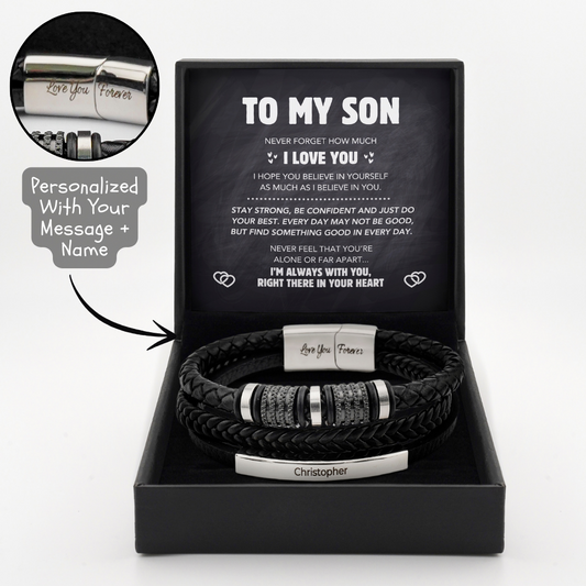 A personalized bracelet with braided black leather and an engraved plate, presented in a box with a heartfelt message to a son.