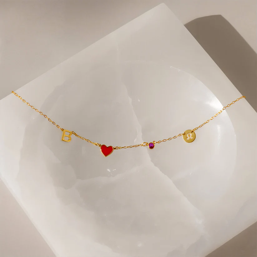 Custom Initial Heart Necklace with Birthstone and Zodiac Sign