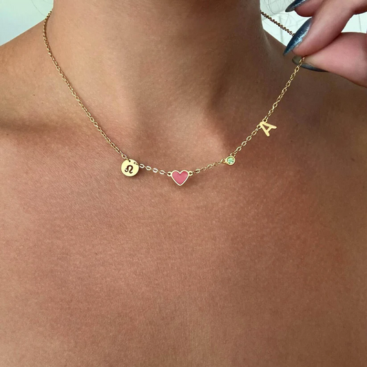 Custom Initial Heart Necklace with Birthstone and Zodiac Sign