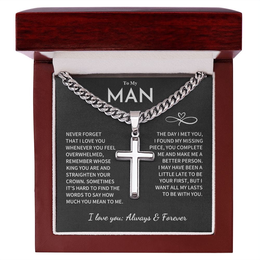 My Man Gift, "Remember Whose King You Are", Cuban Chain with Artisan Cross Necklace