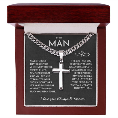 My Man Gift, "Remember Whose King You Are", Cuban Chain with Artisan Cross Necklace