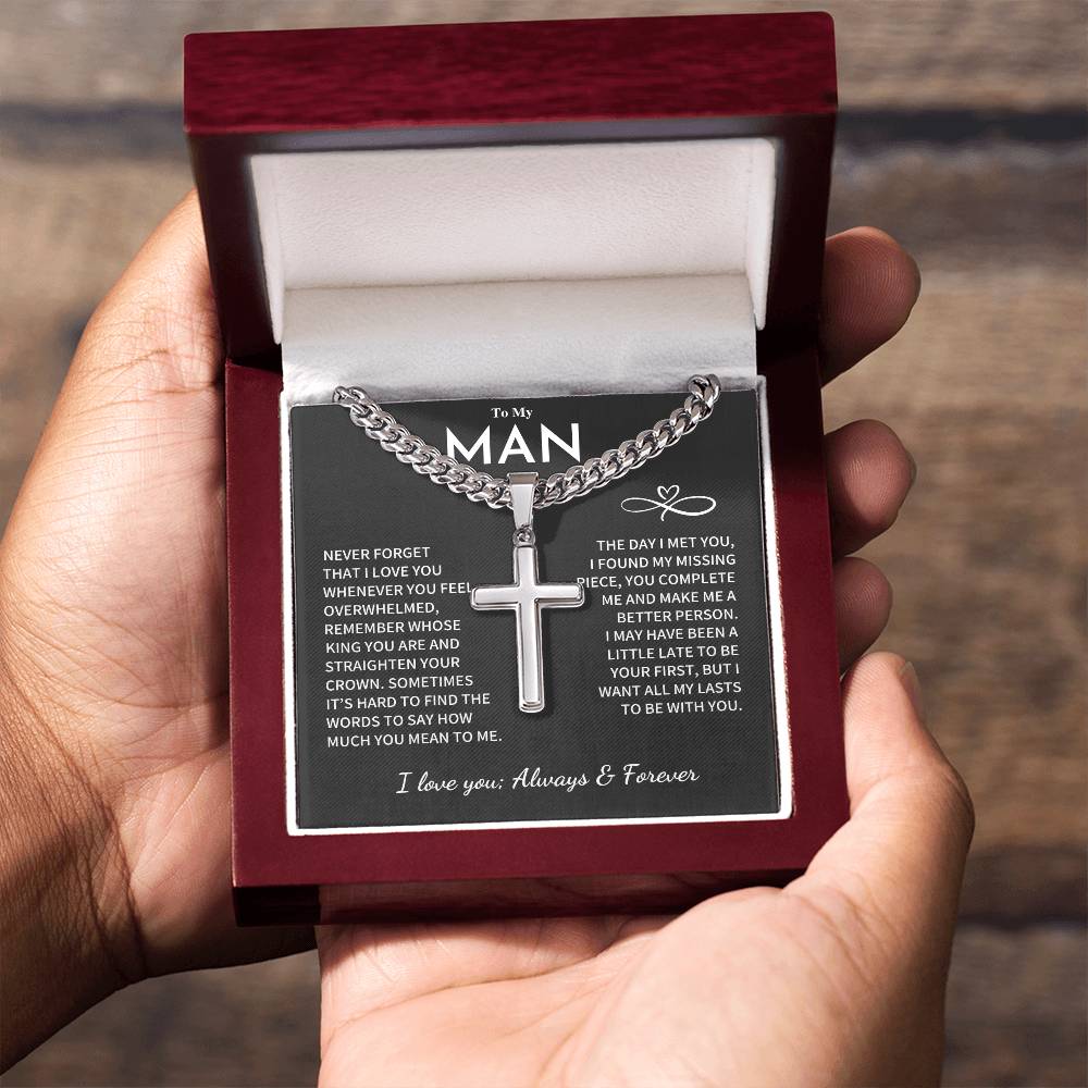 My Man Gift, "Remember Whose King You Are", Cuban Chain with Artisan Cross Necklace