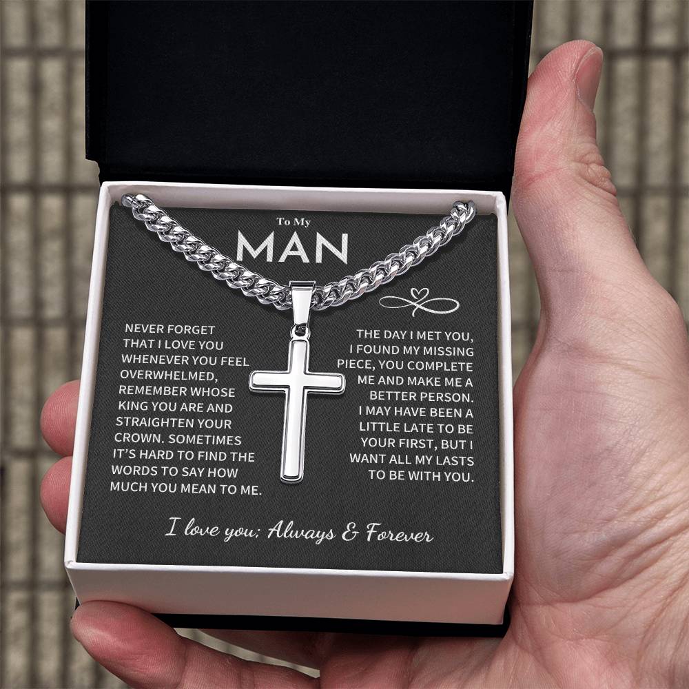 My Man Gift, "Remember Whose King You Are", Cuban Chain with Artisan Cross Necklace