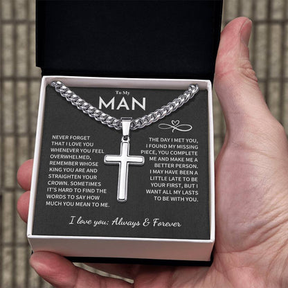 My Man Gift, "Remember Whose King You Are", Cuban Chain with Artisan Cross Necklace